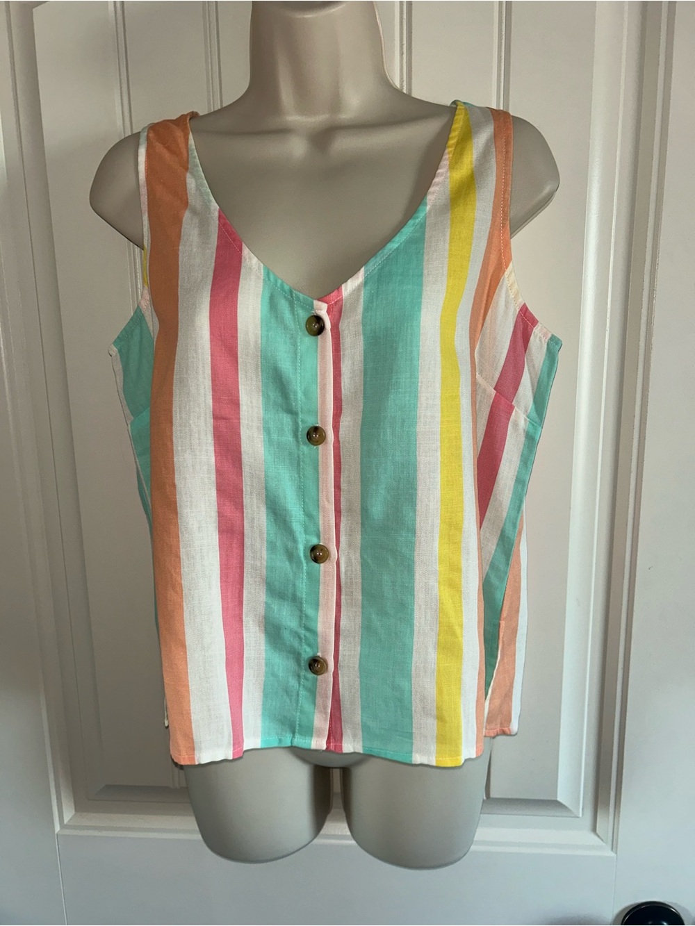 NEW Billy T Striped V-Neck Button-Front Tank Top in Mint & Multi Sz S